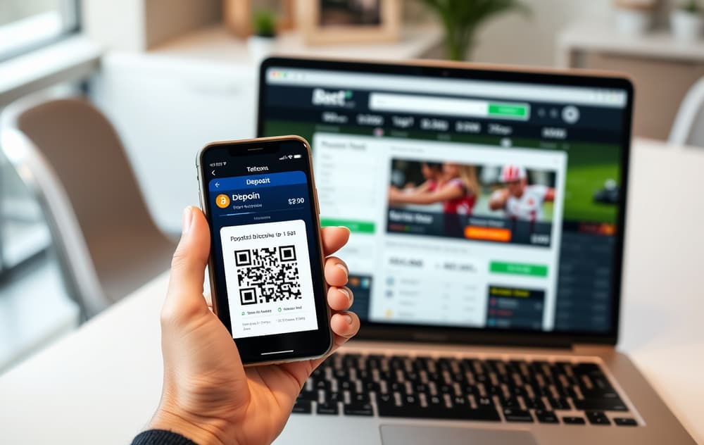 Person med mobil som viser Bitcoin-lommebok med QR-kode ved siden av en bærbar PC med en bettingside for innskudd.