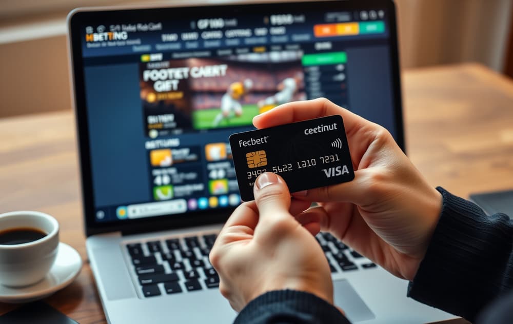 Person som holder et Mastercard debetkort foran en laptop med en sportsbook på skjermen
