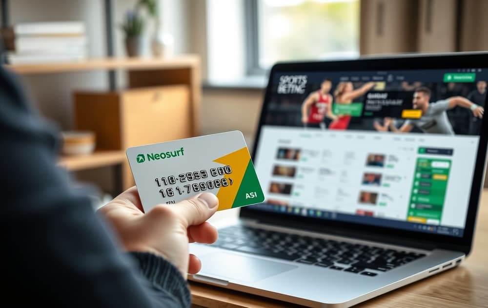 Person holder et Neosurf forhåndsbetalt kort ved siden av en laptop med en bettingside åpen.