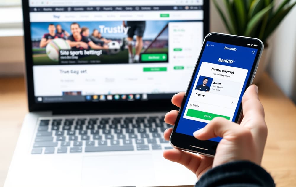 Person som bruker BankID-app på mobil for å betale med Trustly hos en bookmaker, med laptop synlig i bakgrunnen.