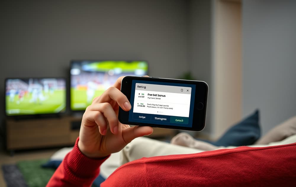 Norsk tipping app med gratisspill-bonus på skjermen, fotballkamp på TV i bakgrunnen