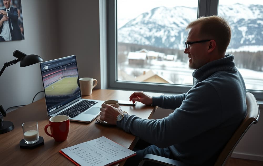 Norsk spiller som analyserer odds på laptop med fotballkamp på skjermen