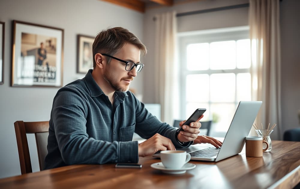 Mann som sammenligner oddstips på laptop og mobil ved et skrivebord
