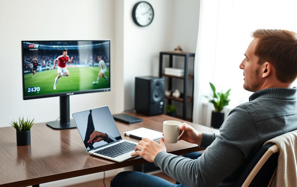 Norsk mann som følger fotballkamp på PC-en med kaffekopp, klokke på veggen – et bilde av ansvarlig betting.