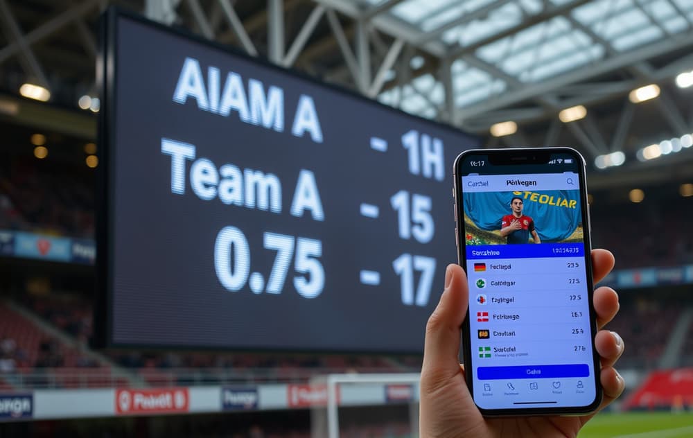 Nærbilde av en fotballkamps scoreboard med Asian handicap-odds og en mobiltelefon med en betting-app.
