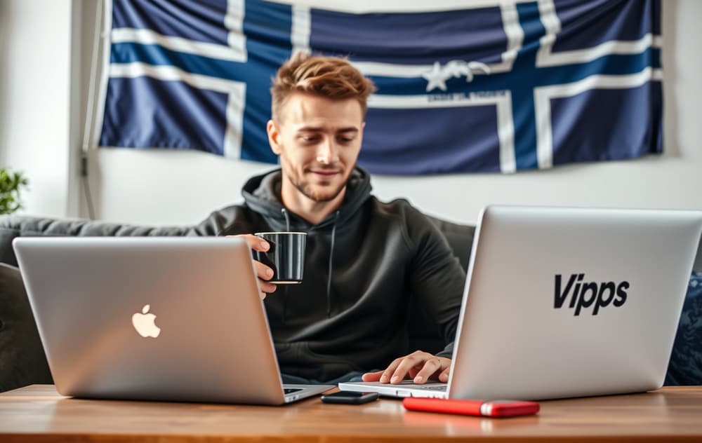 Norsk spiller som tipper på sport via laptop og mobil med Vipps, stue med norsk flagg.