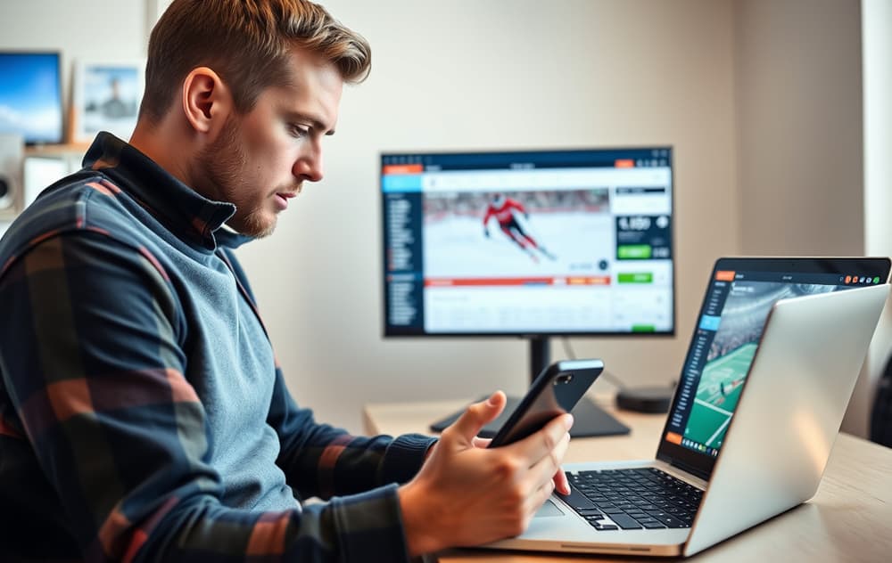 Person som sammenligner odds på mobil og PC med sport i bakgrunnen