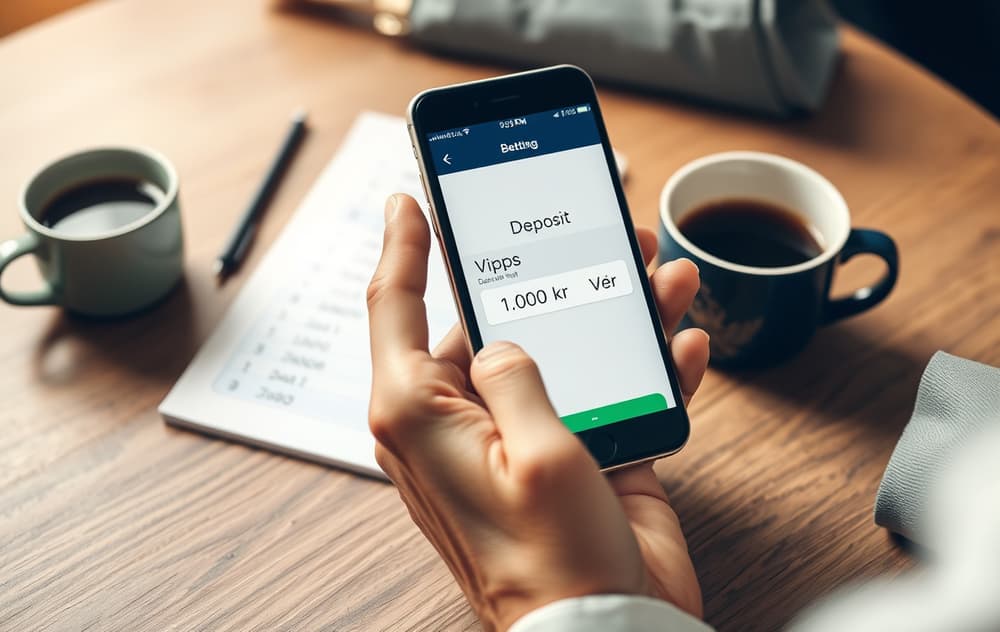 Hender med smarttelefon som viser innskuddsmeny i en betting-app, med kaffekopp og notater ved siden av.