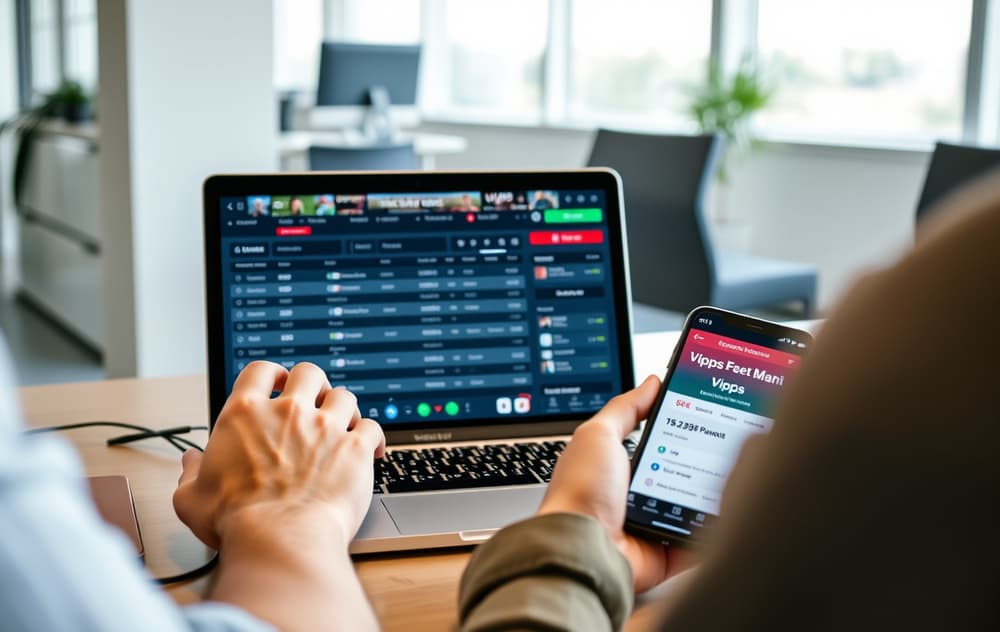 Person som sjekker odds på nye bettingsider på laptop og mobil med Vipps.