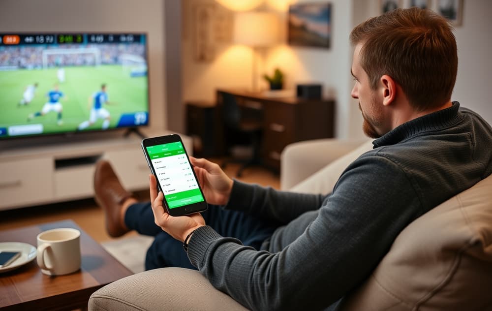 Mann som ser på fotball på TV med mobil med oddsside i hendene, kopp kaffe på bordet