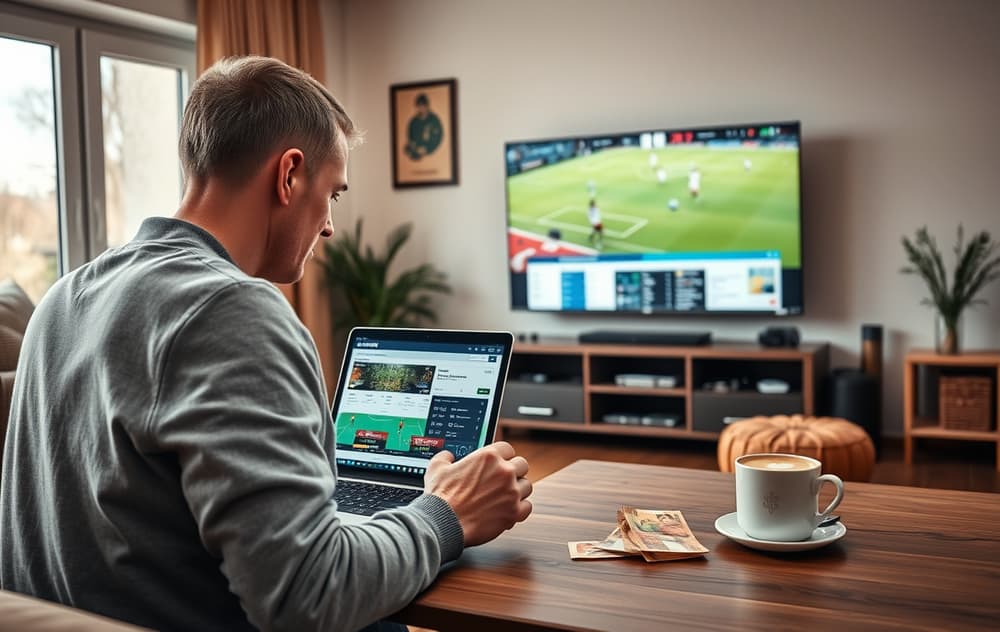 Person som sammenligner bettingsider på laptop med fotball på TV