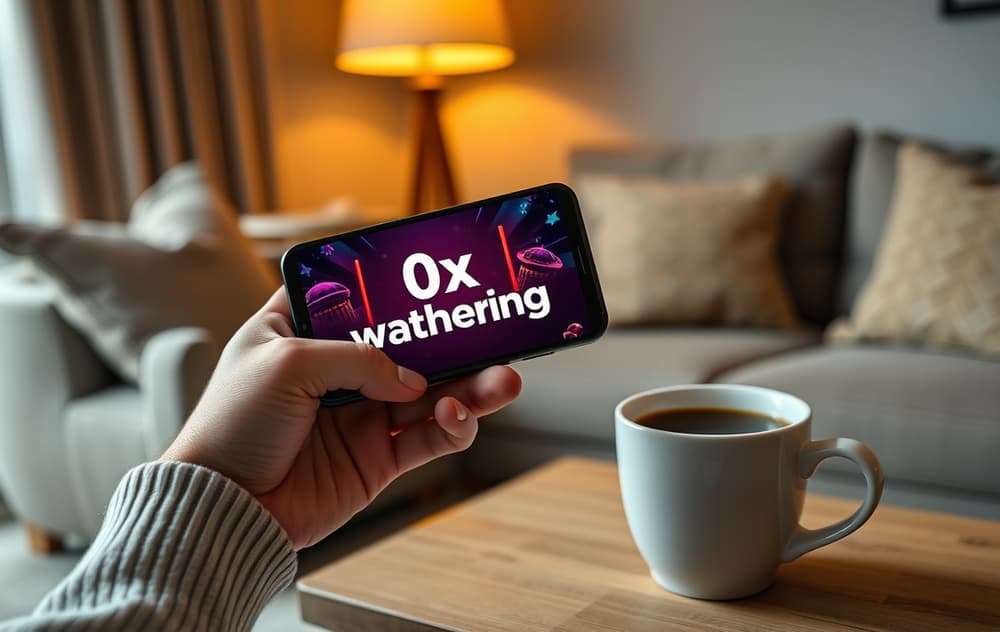 Person som holder en smarttelefon med et casinoapp som viser 0x omsetningskrav, sittende i en norsk stue.