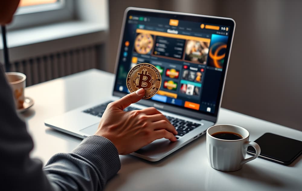 En person som holder en Bitcoin-mynt foran en bærbar PC med et casino-grensesnitt på skjermen.