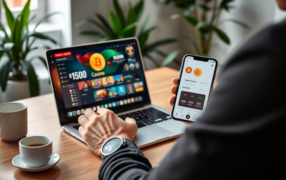 Person som spiller på kryptocasino med laptop og mobiltelefon, Bitcoin-skjerm synlig