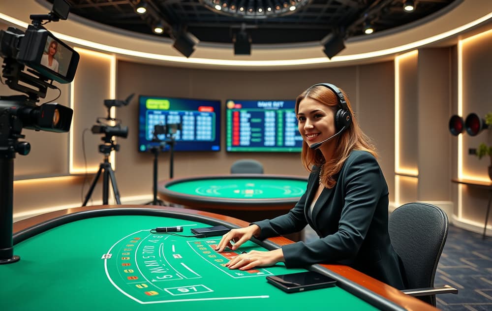 Live casino-studio med ekte dealer ved blackjackbord, HD-kameraer og digitalt grensesnitt