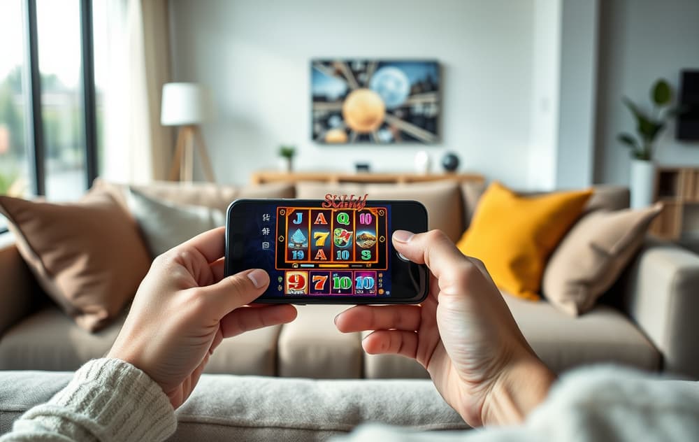 Person som spiller på mobilcasino i stuen, med spilleautomat synlig på skjermen