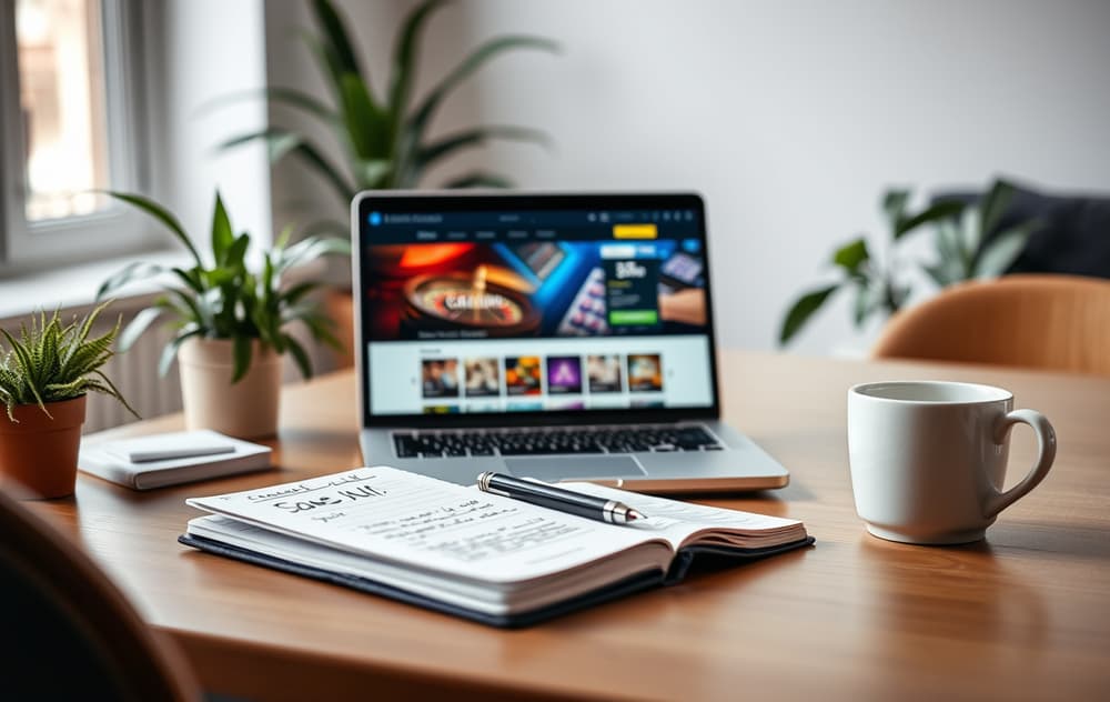 Skrivebord med laptop som viser et nettcasino, notatblokk og kaffekopp.