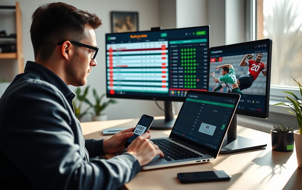 En person som analyserer odds på en bærbar PC med en mobiltelefon som viser en gratisbonus-melding, i et moderne norsk hjemmekontor.