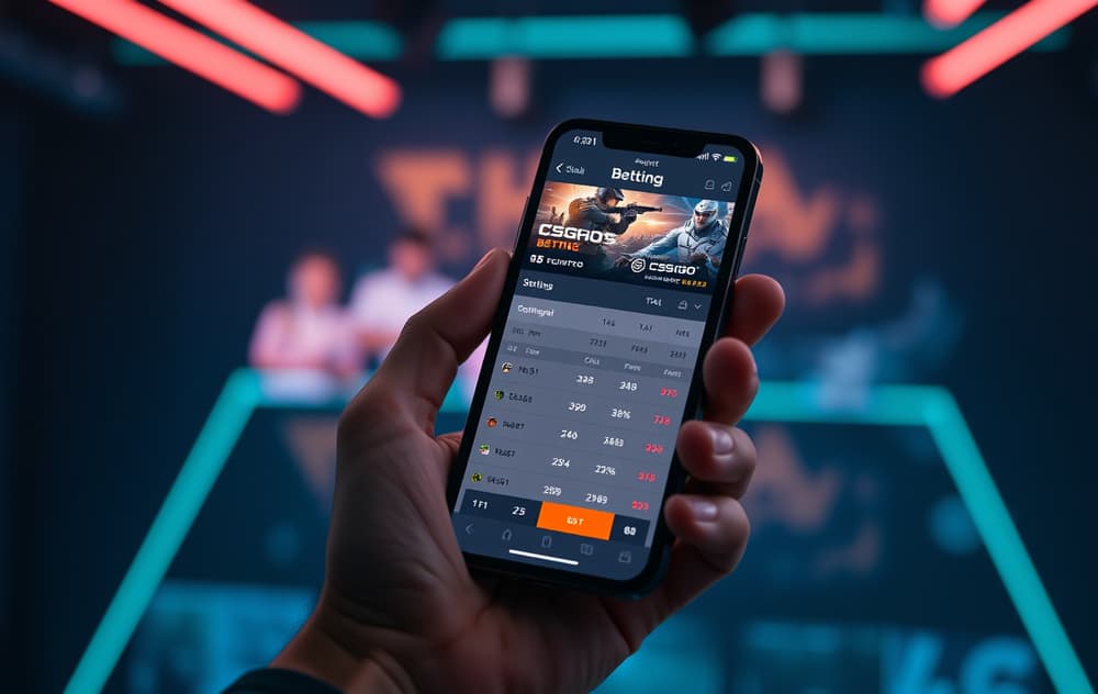 Person med mobiltelefon som viser eSport-odds for CS:GO-kamp