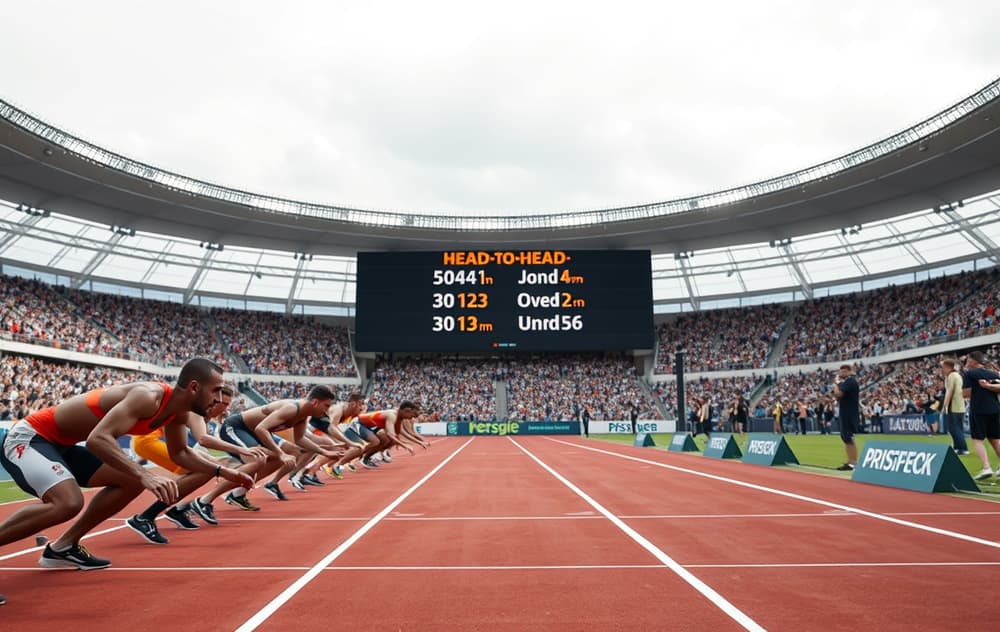 Friidrettsbane med 100 meter sprint og en digital oddstavle som viser head-to-head markeder.