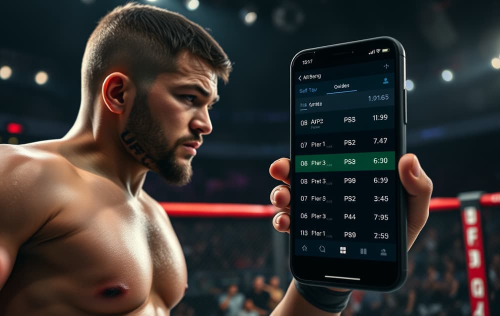 MMA-fighter i buret med bettingodds på en mobilskjerm i forgrunnen.