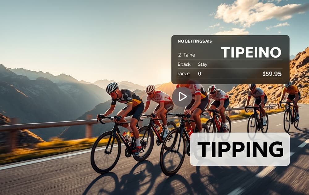 Sykkelritt i fjell med bettingoddsgrafikk og TIPPING-ikon