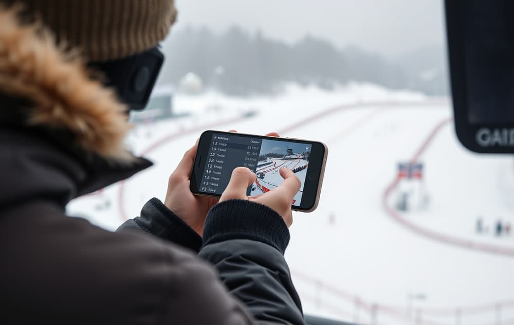 Norsk spiller som følger skihopping på mobil med odds på skjermen, snødekt stadion i bakgrunnen.